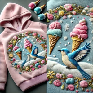 Pastel-colored winter garment for baby girls aged 1 to 3 years, featuring embroidered ice creams, cupcakes, and candy patterns with fleece lining and zip closure