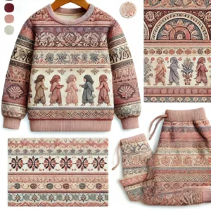 Ancient civilizations-inspired winter wear set for girls aged 1 to 18 years, featuring a coordinated top and pants with intricate embroidery of ancient patterns in royal blue, burgundy, and gold, with fleece lining for warmth