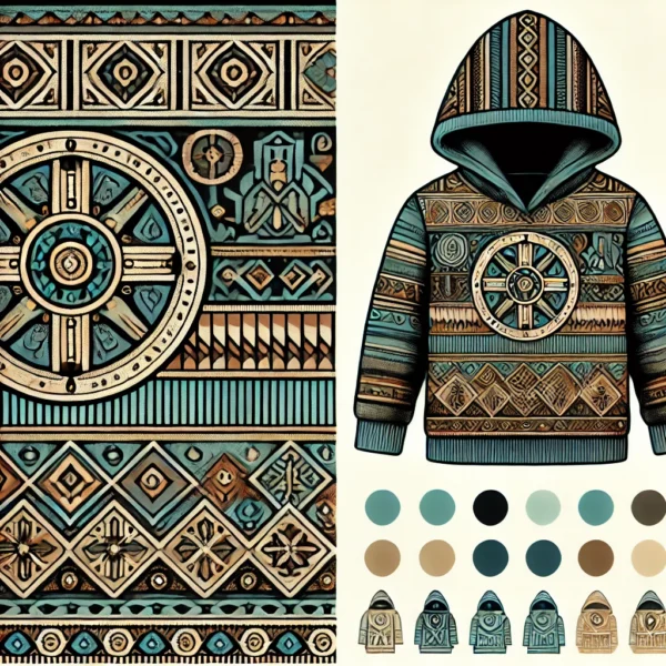 Ancient civilizations-inspired winter wear set for boys aged 1 to 18 years, featuring a warrior-style jacket and pants in dark brown and charcoal gray with gold embroidered patterns, lined with fleece for warmth