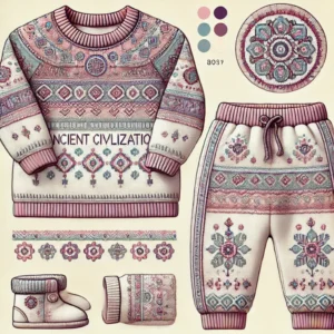 Ancient civilizations-inspired winter wear set for children aged 1 to 18 years, featuring a cozy long-sleeve shirt and trousers with fleece lining, embroidered ancient patterns, and earthy tones