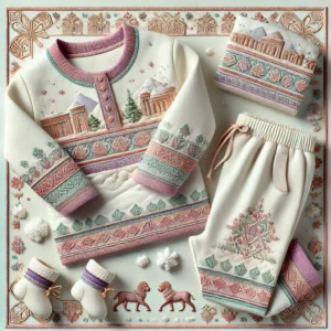 Ancient civilizations-inspired winter garment for children aged 1 to 18 years, featuring detailed embroidered patterns of ancient symbols and cultural designs in earthy tones, with fleece lining for warmth