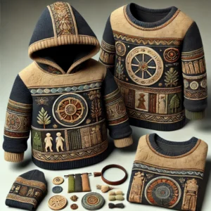 Ancient civilizations-inspired winter garment set for baby boys aged 1 to 18 years, featuring a top with intricate embroidery of ancient patterns, in deep blue, royal gold, and earth tones, with fleece lining for warmth