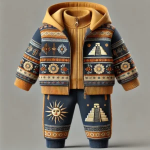 Ancient civilizations-inspired winter garment set for baby boys aged 1 to 18 years, featuring a top with intricate embroidery of ancient patterns, in deep blue, royal gold, and earth tones, with fleece lining for warmth