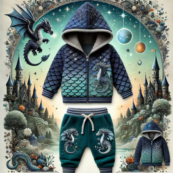 Fantasy-themed winter outfit for baby boys aged 1-3 years, featuring a soft fleece sweatshirt with vibrant mythical creature prints and matching jogger pants.