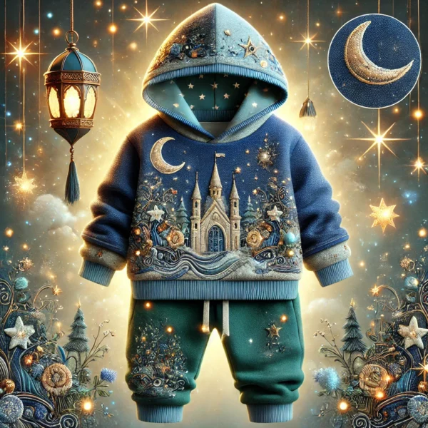 Fantasy-inspired BB5 winter outfit for baby boys aged 1-3 years, featuring a navy blue hoodie with magical motifs and matching jogger pants