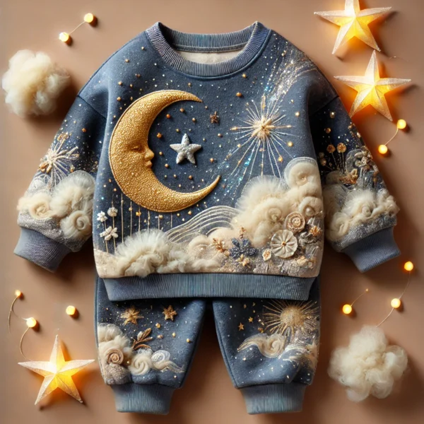 Casual winter outfit for baby boys aged 1-3 years, inspired by a fantasy world. Includes a navy blue and silver fleece sweatshirt with embroidered magical motifs and constellation-patterned cotton pants. Warm and cozy for winter wear.