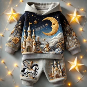 Fantasy-themed casual winter garment for baby boys aged 1-3 years. Includes a gradient fleece sweatshirt with embroidered griffin and snowflake designs and quilted pants with embroidered forest trail details. Warm and comfortable winter wear.