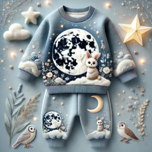 Casual winter garment for baby boys inspired by a fantasy world. Includes a fleece sweater with a baby dragon applique and quilted joggers with enchanted forest patterns. Warm and comfortable for winter adventures.