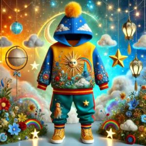 Fantasy-inspired winter garment for baby boys aged 1-3 years. Includes a gradient hoodie with baby phoenix embroidery and quilted joggers featuring enchanted landscapes. Warm and whimsical winter wear.