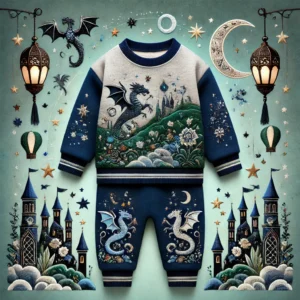 A high-quality winter outfit for baby boys aged 1-3 years, featuring a silver and sky-blue fleece sweater with a unicorn embroidery and quilted jogger pants with magical forest prints.