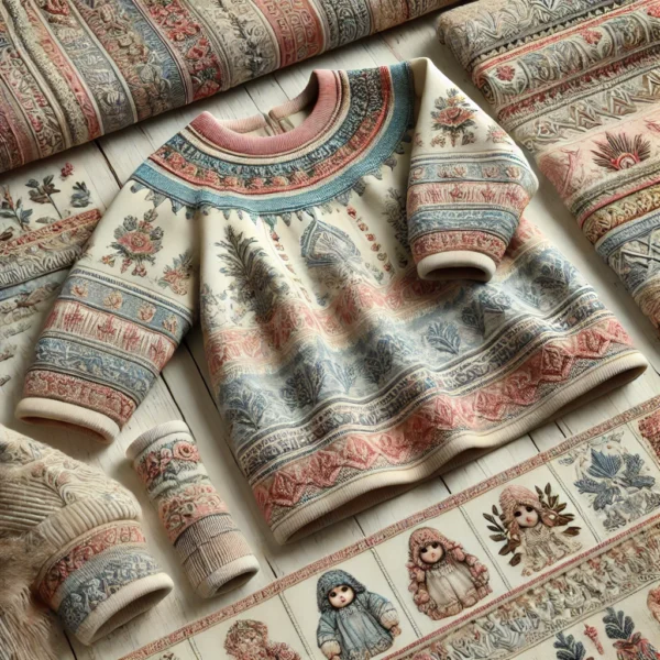 Ancient civilizations-inspired winter garment for baby girls aged 1 to 18 years, featuring intricate embroidery of ancient symbols and patterns, made from premium winter fabric in soft gold, emerald green, and earthy tones