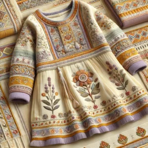 Ancient civilizations-inspired winter garment for baby girls aged 1 to 18 years, featuring intricate embroidery of ancient motifs, made from premium winter fabric in soft gold, royal purple, and earthy tones