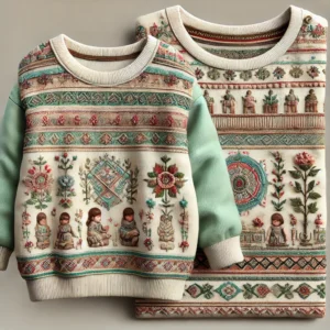 Ancient civilizations-inspired winter top and tunic for baby girls aged 1 to 18 years, featuring intricate embroidery of ancient motifs, made from soft and cozy winter fabric in deep blue, rich gold, and earthy tones