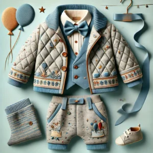 Luxury winter party suit for baby boys, featuring a quilted jacket, waistcoat, tailored shorts, and a matching bowtie with intricate embroidery.