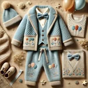 Premium winter celebration outfit for baby boys in pastel blue, featuring a quilted jacket, waistcoat, knit sweater, tailored pants, bowtie, and matching beanie with balloon embroidery.