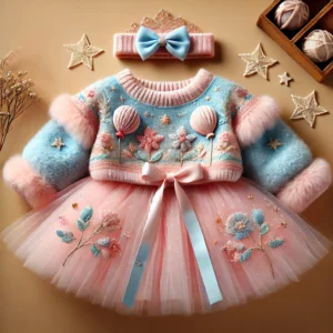 Baby girl’s winter birthday outfit in pink with a fleece sweater featuring balloon and flower embroidery, paired with matching leggings and an optional net cape. Stylish and cozy for special occasions.