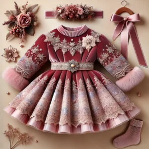 Maroon velvet winter frock for baby girls with lace and fur-trimmed long sleeves, a satin waist belt, and a flared skirt. Perfect for birthdays and winter celebrations.