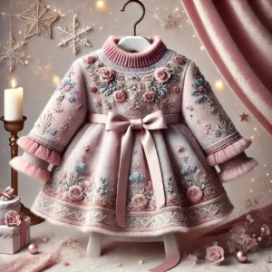 Elegant pastel pink velvet birthday/party dress for baby girls featuring floral embroidery, full sleeves with lace accents, a satin waist bow, and a flared skirt with intricate detailing.