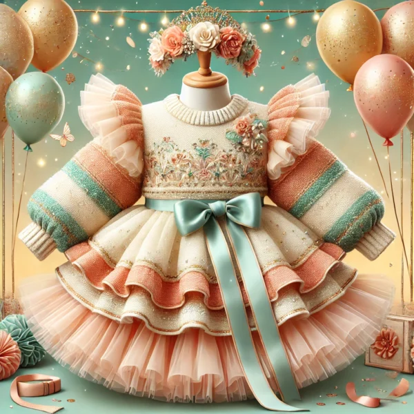 Elegant pastel peach, cream, and mint-green party frock for baby girls with floral embroidery, glittery puffed sleeves, a multi-layered ruffled skirt, and a satin waist bow. Perfect for birthdays and celebrations.