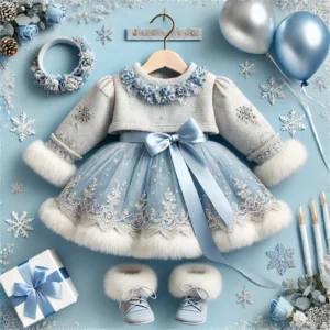 Elegant winter princess dress for baby girls aged 1-3 years, featuring a floral-embroidered top, blue tulle skirt with snowflake patterns, faux fur cuffs, and satin bow