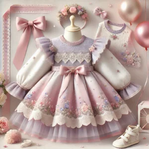 Pink floral embroidered birthday dress with lace detailing, puffed sleeves, satin bow, and matching headband for baby girls aged 1-3 years