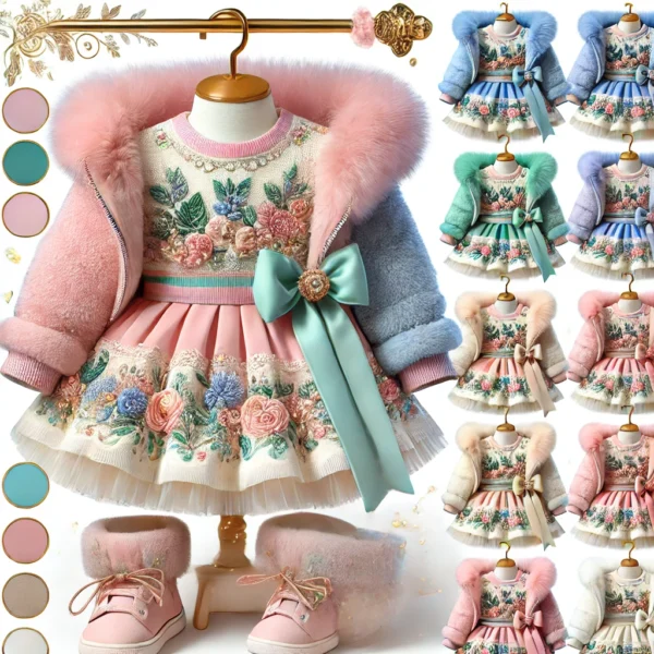 Winter birthday dress set for baby girls, featuring floral embroidery, pleated skirt, satin bow, pastel faux fur coat, and matching winter boots in pink and blue color options