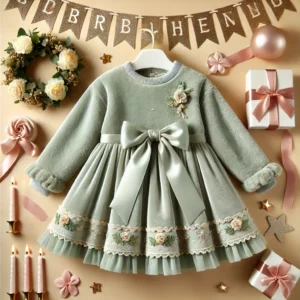 Elegant sage green velvet birthday dress for baby girls with floral embellishments, satin bow, lace detailing, and pleated tulle skirt, perfect for special occasions