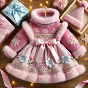 Luxury pink winter birthday dress for baby girls with floral embroidery and matching fur-lined hat.