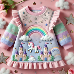 Whimsical fantasy-inspired dress for baby girls aged 1-3, featuring delicate floral embroidery, ruffles, and soft leggings with cloud-and-star patterns.