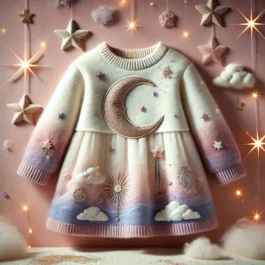 Fantasy winter dress for baby girls aged 1-3, with embroidered forest creatures, snowflakes, a pom-pom hat, fleece-lined leggings, and a matching scarf.