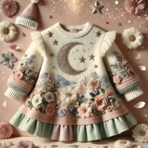 Winter fantasy dress for baby girls aged 1-3, featuring unicorn and fairy embroidery, fleece leggings, pom-pom hat, and snowflake scarf.