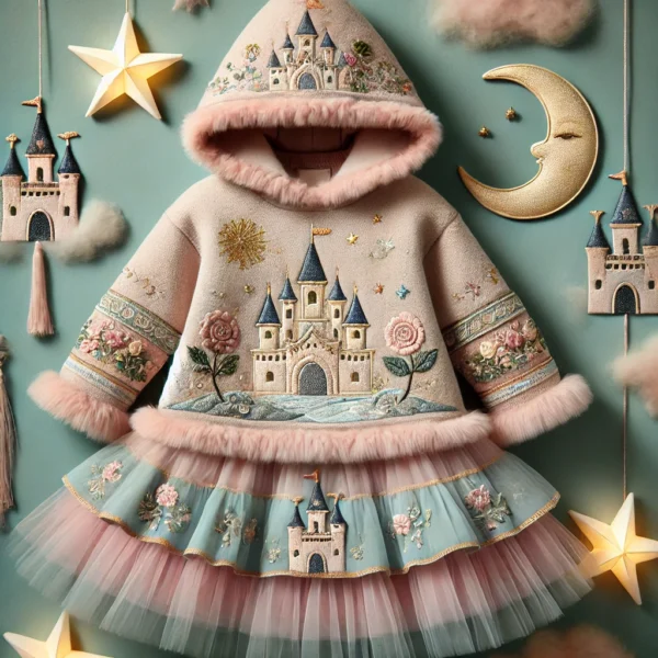 Fantasy winter sweater dress for baby girls aged 1-3, featuring unicorn and dragon embroidery, pleated skirt, fleece leggings, knitted headband, and pom-pom details.