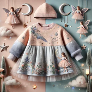 Fantasy-inspired dress for baby girls aged 1-3, featuring fairy and flower embroidery, puffed sleeves, tiered skirt, embroidered leggings, and a matching flower headband.