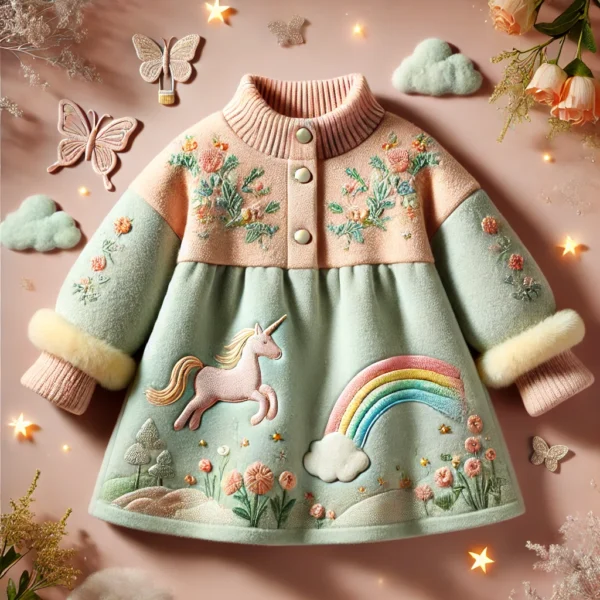 Winter fantasy dress for baby girls aged 1-3, featuring embroidered unicorns and fairies, snowflake leggings, pom-pom hat, and matching scarf.